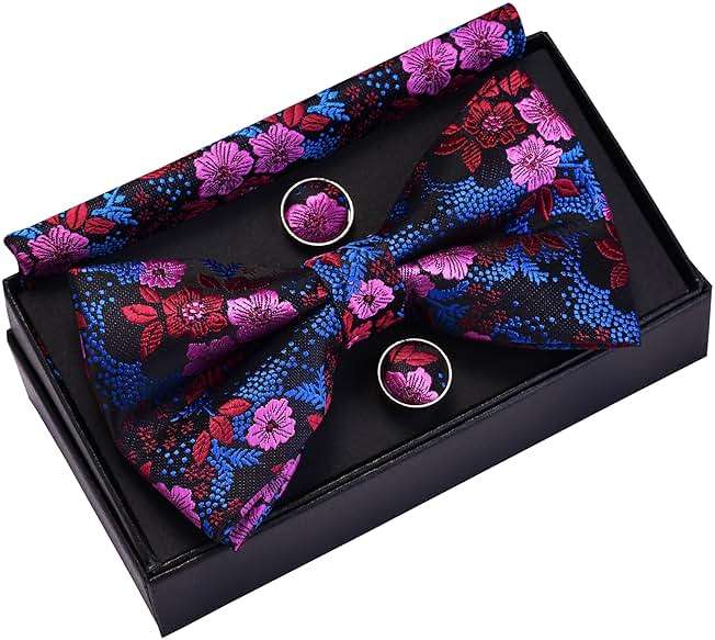 GUSLESON Mens Floral Bow Tie Handkerchief Jacquard Woven Adjustable Pre-Tied Bowties Pocket Square Cufflinks Set - Image 4