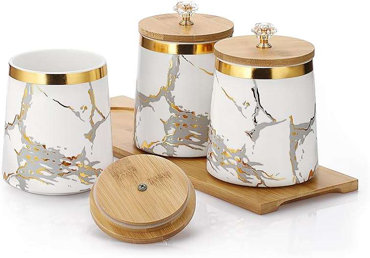 JUXYES Set of 3 Canisters Set for Sugar Coffee Tea with Airtight Lid, Ceramic Storage Containers Sets White Storage Pots with Tray Storage Jar Decorative Canisters Sets for for Kitchen Counter - Image 1