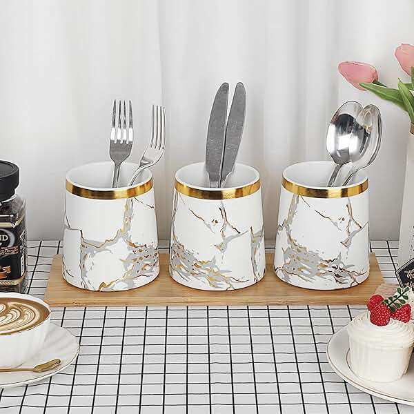 JUXYES Set of 3 Canisters Set for Sugar Coffee Tea with Airtight Lid, Ceramic Storage Containers Sets White Storage Pots with Tray Storage Jar Decorative Canisters Sets for for Kitchen Counter - Image 2