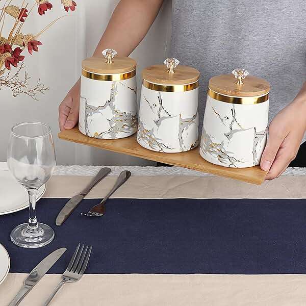JUXYES Set of 3 Canisters Set for Sugar Coffee Tea with Airtight Lid, Ceramic Storage Containers Sets White Storage Pots with Tray Storage Jar Decorative Canisters Sets for for Kitchen Counter - Image 5