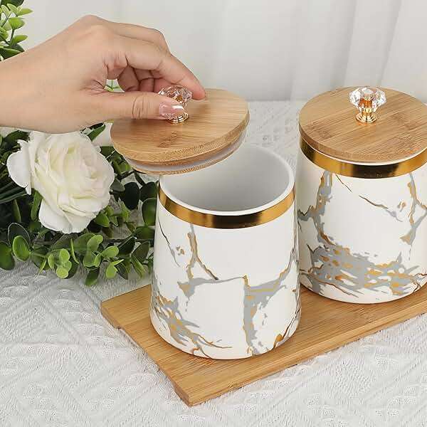 JUXYES Set of 3 Canisters Set for Sugar Coffee Tea with Airtight Lid, Ceramic Storage Containers Sets White Storage Pots with Tray Storage Jar Decorative Canisters Sets for for Kitchen Counter - Image 6