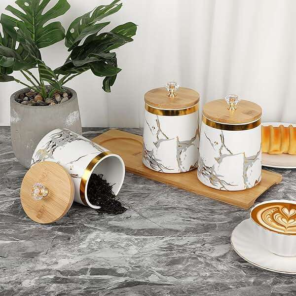 JUXYES Set of 3 Canisters Set for Sugar Coffee Tea with Airtight Lid, Ceramic Storage Containers Sets White Storage Pots with Tray Storage Jar Decorative Canisters Sets for for Kitchen Counter - Image 7