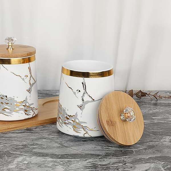 JUXYES Set of 3 Canisters Set for Sugar Coffee Tea with Airtight Lid, Ceramic Storage Containers Sets White Storage Pots with Tray Storage Jar Decorative Canisters Sets for for Kitchen Counter - Image 8