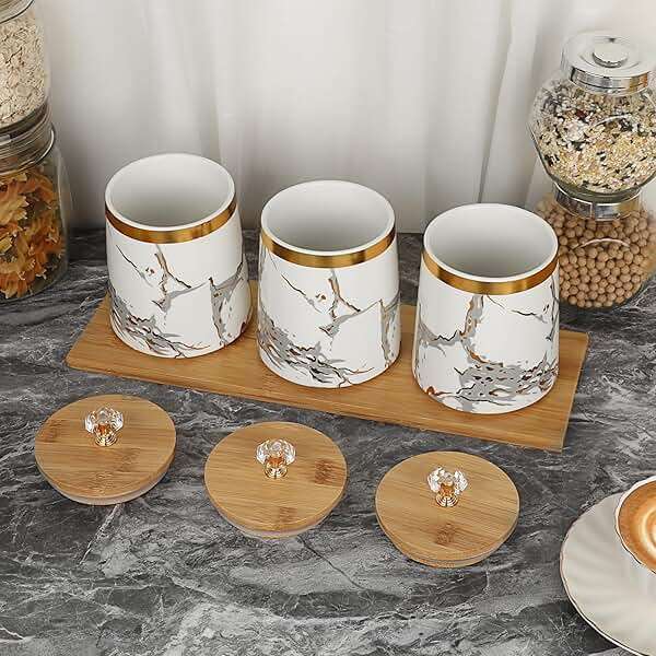 JUXYES Set of 3 Canisters Set for Sugar Coffee Tea with Airtight Lid, Ceramic Storage Containers Sets White Storage Pots with Tray Storage Jar Decorative Canisters Sets for for Kitchen Counter - Image 9