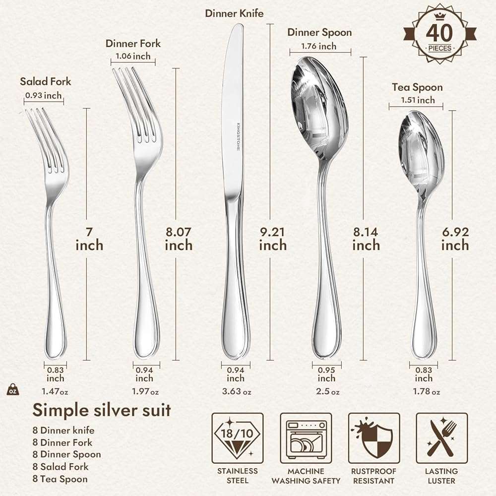 KINGSTONE 40 Piece Teardrop Silverware Set for 8, 18/10 Stainless Steel Flatware Set, Modern Design Cutlery Set for Home/Hotel/Wedding,Mirror Polished and Dishwasher Safe - Image 2
