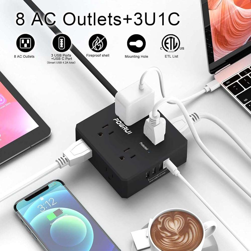 Surge Protector Power Strip - 6 Ft Flat Plug Extension Cord with 8 Widely Outlets and 4 USB Ports(1 USB C), 3 Side Outlet Extender for Home Office, Black, ETL Listed - Image 2