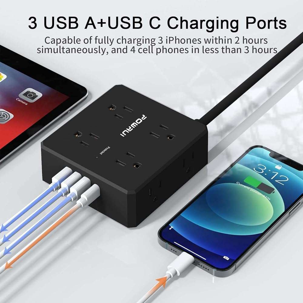 Surge Protector Power Strip - 6 Ft Flat Plug Extension Cord with 8 Widely Outlets and 4 USB Ports(1 USB C), 3 Side Outlet Extender for Home Office, Black, ETL Listed - Image 3