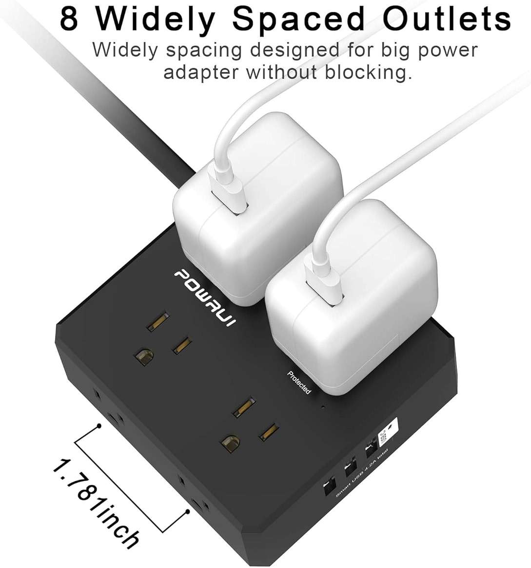 Surge Protector Power Strip - 6 Ft Flat Plug Extension Cord with 8 Widely Outlets and 4 USB Ports(1 USB C), 3 Side Outlet Extender for Home Office, Black, ETL Listed - Image 5