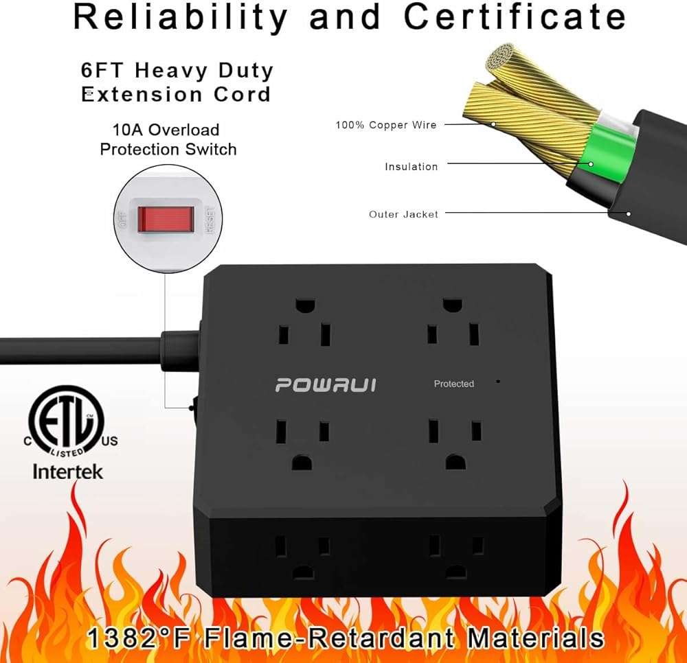 Surge Protector Power Strip - 6 Ft Flat Plug Extension Cord with 8 Widely Outlets and 4 USB Ports(1 USB C), 3 Side Outlet Extender for Home Office, Black, ETL Listed - Image 6