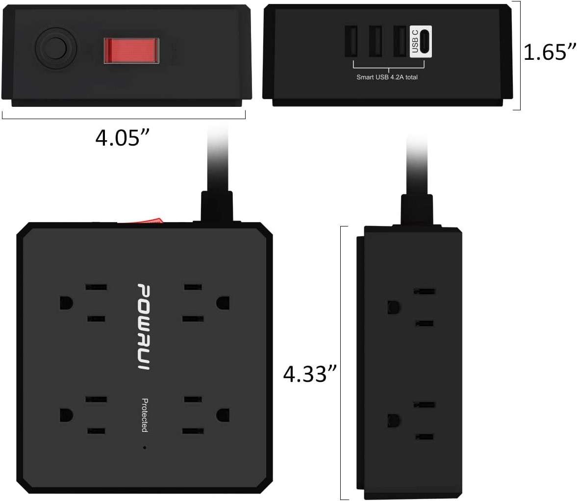 Surge Protector Power Strip - 6 Ft Flat Plug Extension Cord with 8 Widely Outlets and 4 USB Ports(1 USB C), 3 Side Outlet Extender for Home Office, Black, ETL Listed - Image 7