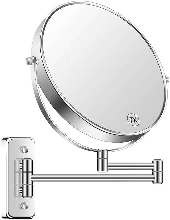 BTremary 9” Large Wall Mounted Makeup Mirror 1X/7X Double-Side Bathroom Magnifying Mirror 360 Swivel Vanity Mirror Extendable Shaving Wall Mount Cosmetic Mirror for Men and Women, Chrome - Image 1