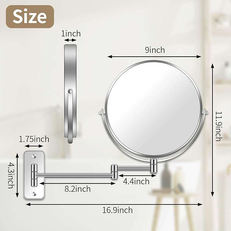 BTremary 9” Large Wall Mounted Makeup Mirror 1X/7X Double-Side Bathroom Magnifying Mirror 360 Swivel Vanity Mirror Extendable Shaving Wall Mount Cosmetic Mirror for Men and Women, Chrome - Image 6