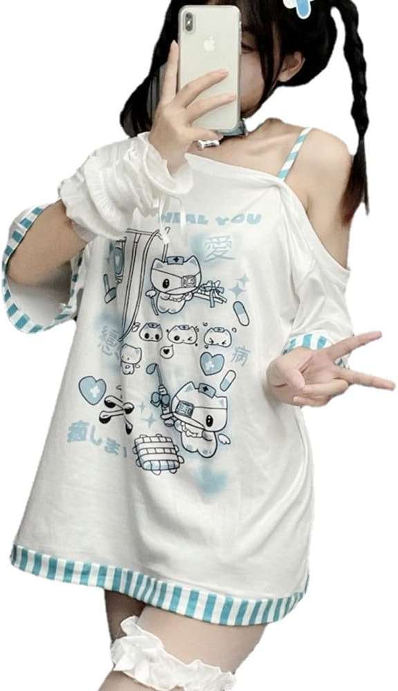 Y2k Harajuku Cartoon Print T Shirts Gothic Women Japanese Fashion Patchwork Off Shoulder T Shirt Kawaii Sweet Tees Tops - Image 1