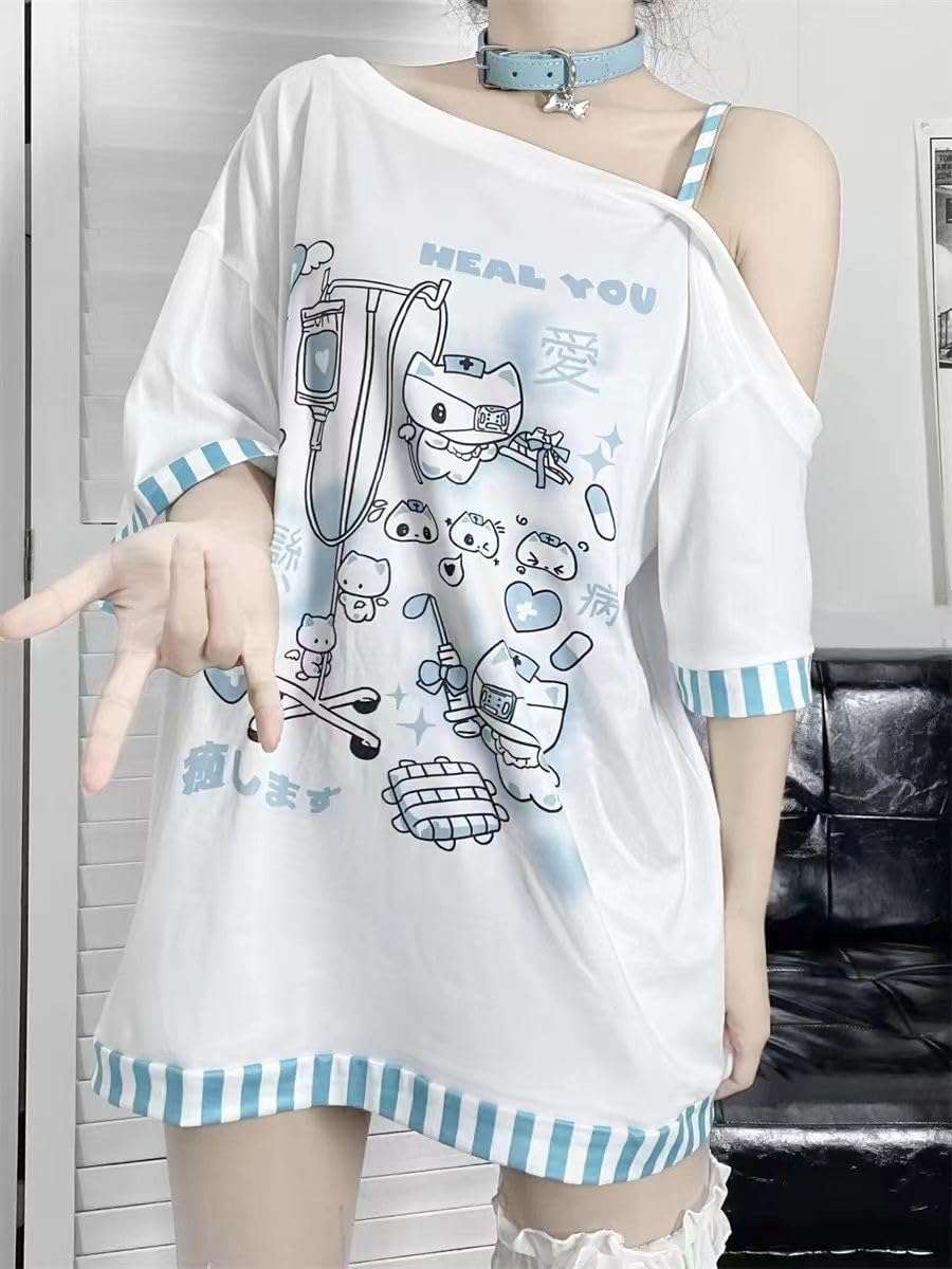 Y2k Harajuku Cartoon Print T Shirts Gothic Women Japanese Fashion Patchwork Off Shoulder T Shirt Kawaii Sweet Tees Tops - Image 2