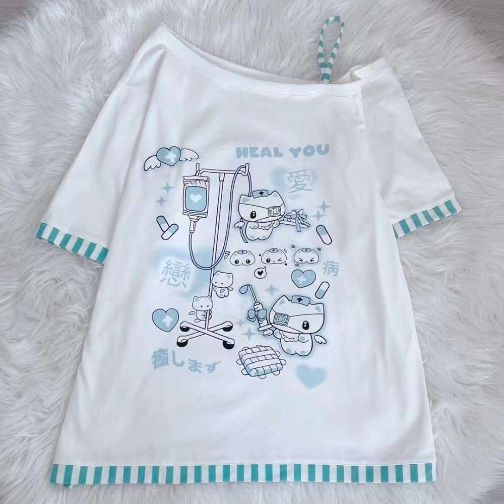 Y2k Harajuku Cartoon Print T Shirts Gothic Women Japanese Fashion Patchwork Off Shoulder T Shirt Kawaii Sweet Tees Tops - Image 3