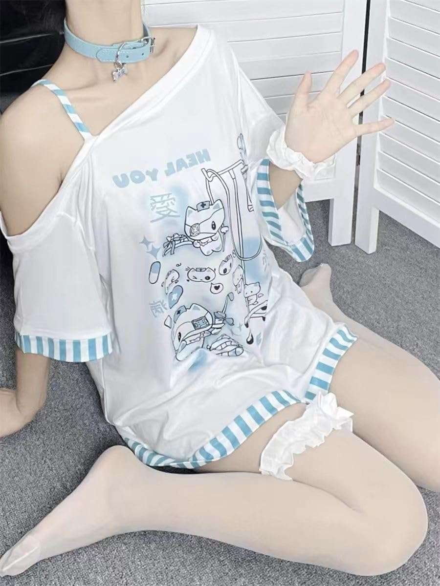 Y2k Harajuku Cartoon Print T Shirts Gothic Women Japanese Fashion Patchwork Off Shoulder T Shirt Kawaii Sweet Tees Tops - Image 4