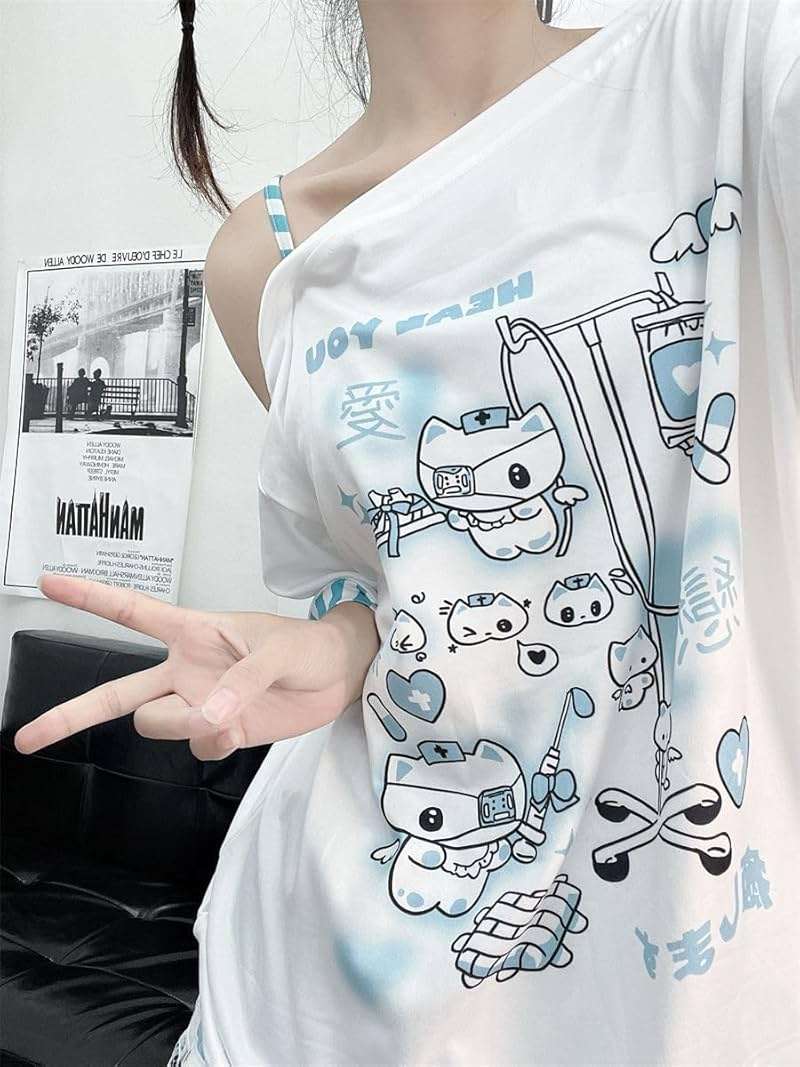 Y2k Harajuku Cartoon Print T Shirts Gothic Women Japanese Fashion Patchwork Off Shoulder T Shirt Kawaii Sweet Tees Tops - Image 5