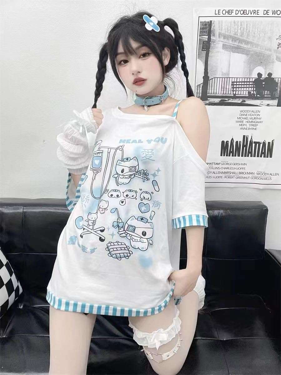 Y2k Harajuku Cartoon Print T Shirts Gothic Women Japanese Fashion Patchwork Off Shoulder T Shirt Kawaii Sweet Tees Tops - Image 6