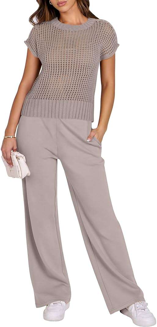 ANRABESS Women Two Piece Outfits Crochet Sheer Knit Sweater Top Wide Leg Pants Lounge Matching Sets Sweatsuit Travel Clothes - Image 2