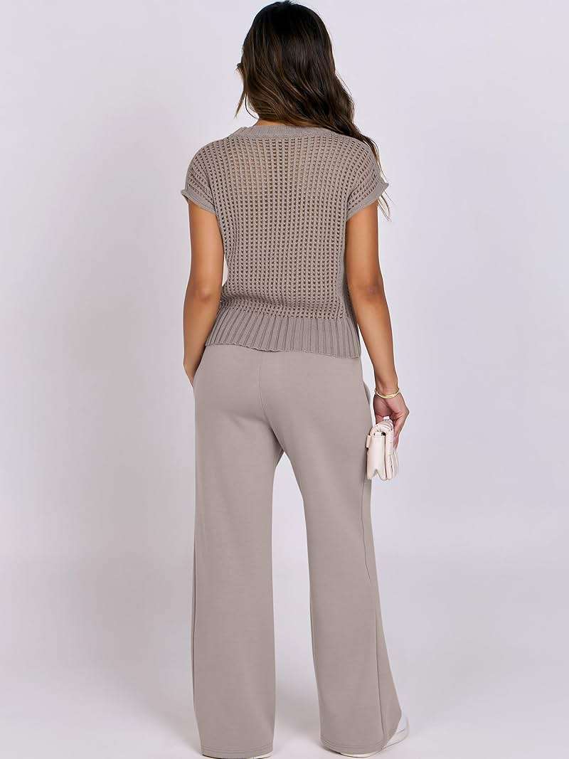 ANRABESS Women Two Piece Outfits Crochet Sheer Knit Sweater Top Wide Leg Pants Lounge Matching Sets Sweatsuit Travel Clothes - Image 3