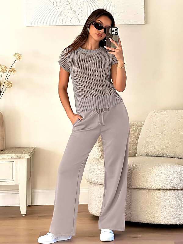 ANRABESS Women Two Piece Outfits Crochet Sheer Knit Sweater Top Wide Leg Pants Lounge Matching Sets Sweatsuit Travel Clothes - Image 4