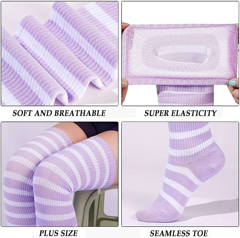 Moon Wood Plus Size Thigh High Socks for Women Knit Cotton Extra Long Striped Over the Knee High Socks Leg Warmers - Image 5