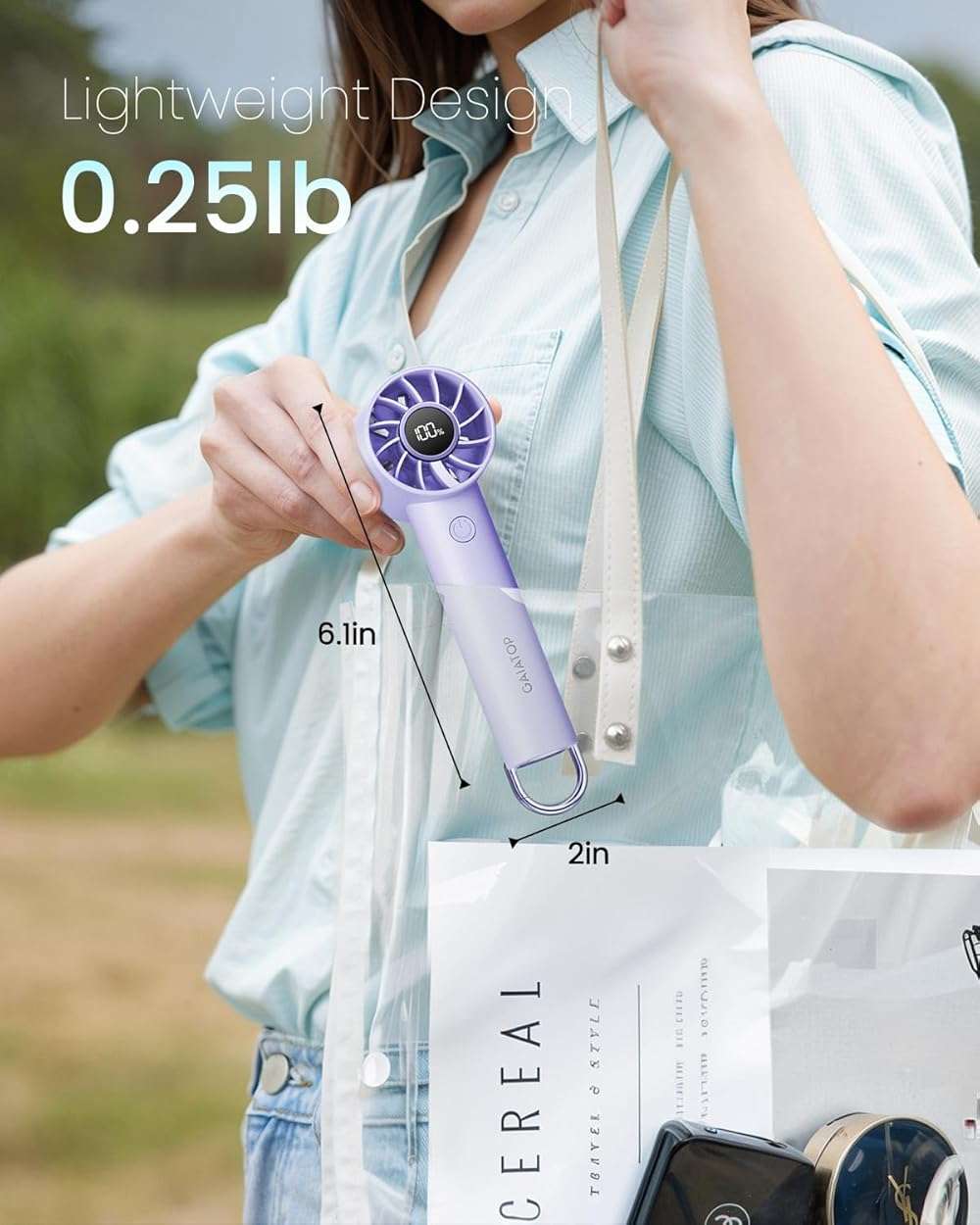 Gaiatop Portable Mini Fan, 3 Speed Handheld Fans with Power Display Flashlight, USB Rechargeable Battery, Lightweight Personal Cooling for Women Men Indoor Outdoor Travel Purple - Image 3