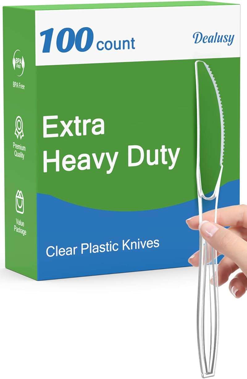 Dealusy 100 Count Extra Heavy Duty Clear Plastic Knives Disposable, BPA-Free, Heat Resistant, Solid and Durable Disposable Knives Bulk, Premium Plastic Knives heavy duty for Party Supply - Image 1