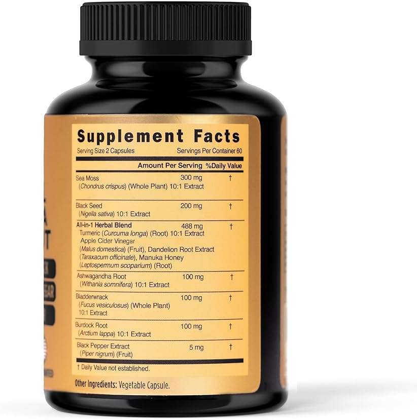 PRIME NATURAL Sea Moss 300mg Black Seed Oil 200mg Ashwagandha 100mg Turmeric Bladderwrack Burdock Manuka Honey Dandelion ACV - 120 Capsules | 60 Days Supply | Vegan - Image 2