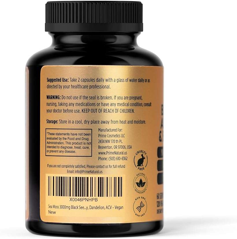 PRIME NATURAL Sea Moss 300mg Black Seed Oil 200mg Ashwagandha 100mg Turmeric Bladderwrack Burdock Manuka Honey Dandelion ACV - 120 Capsules | 60 Days Supply | Vegan - Image 3