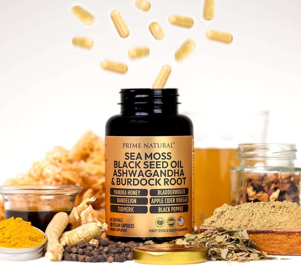 PRIME NATURAL Sea Moss 300mg Black Seed Oil 200mg Ashwagandha 100mg Turmeric Bladderwrack Burdock Manuka Honey Dandelion ACV - 120 Capsules | 60 Days Supply | Vegan - Image 4