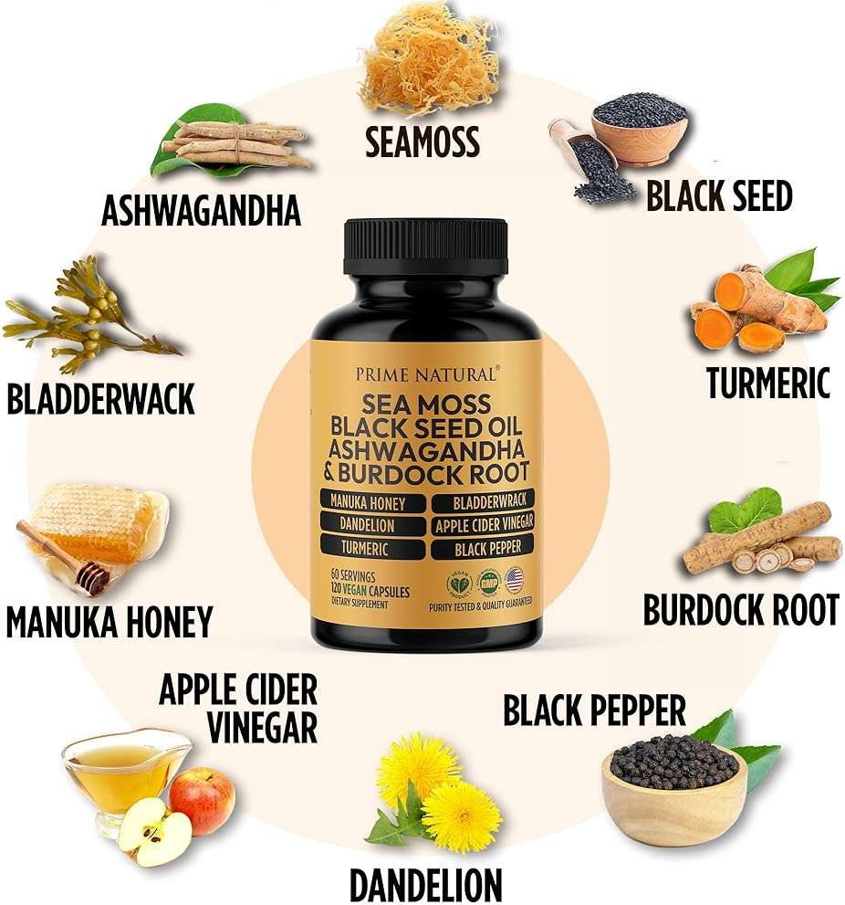 PRIME NATURAL Sea Moss 300mg Black Seed Oil 200mg Ashwagandha 100mg Turmeric Bladderwrack Burdock Manuka Honey Dandelion ACV - 120 Capsules | 60 Days Supply | Vegan - Image 7