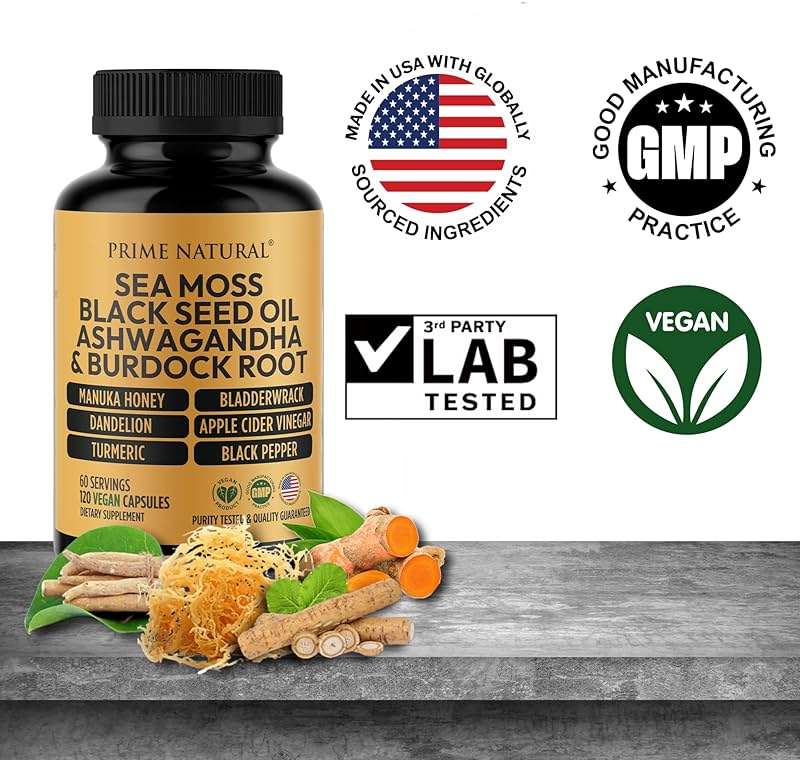 PRIME NATURAL Sea Moss 300mg Black Seed Oil 200mg Ashwagandha 100mg Turmeric Bladderwrack Burdock Manuka Honey Dandelion ACV - 120 Capsules | 60 Days Supply | Vegan - Image 8