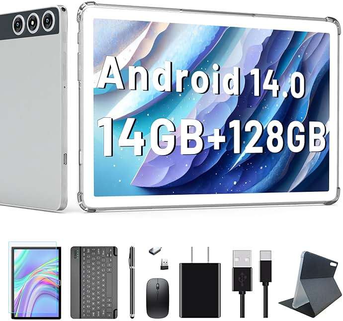 2026 Latest Android 15 Tablet, 10 inch Tablet with 128GB Storage 1TB Expandable 14GB RAM, Dual 4G Cellular Tablets with keyboard Support 5Ghz WiFi/Bluetooth 5.0, Octa-Core Processor, FHD IPS Screen - Image 1