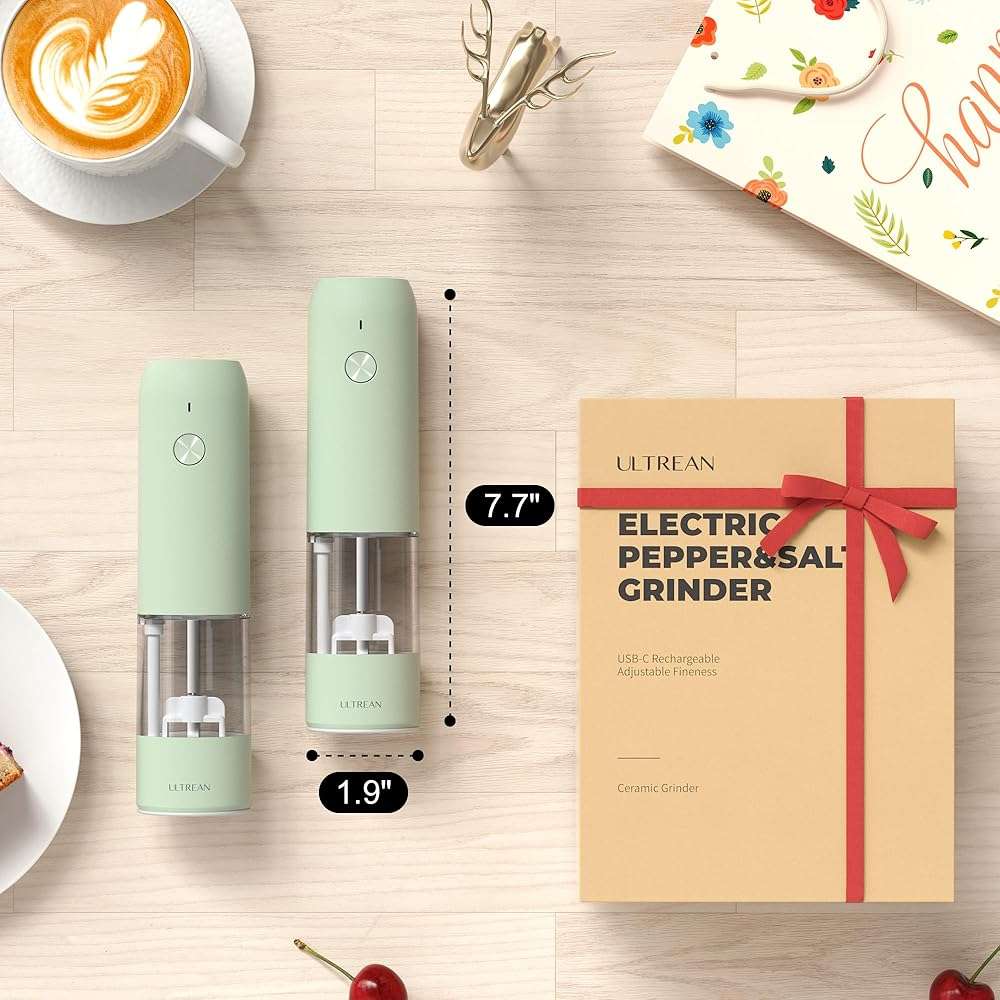 Ultrean Pepper Grinder, Rechargeable Salt and Pepper Grinder with 6 Adjustable Coarseness, LED Light, One-Hand Automatic Operation, Green - Image 2