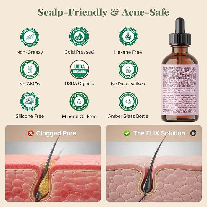 The ÉLIX USDA Organic Rosemary Oil for Hair Growth | Thickening Formula with Castor & Pumpkin Seed | for Hair Loss & Thinning | Made in USA | 4oz - Image 3