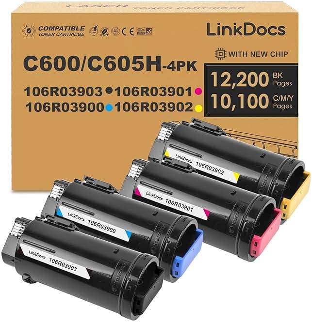 LinkDocs C600/C605 High Capacity Yield Toner Cartridge Replacement for Xerox VersaLink C600 C605 Printers Toner 4 Colors Pack: 106R03900, 106R03901, 106R03902, (Black 12,200 & Colors 10,100 Pages) - Image 1