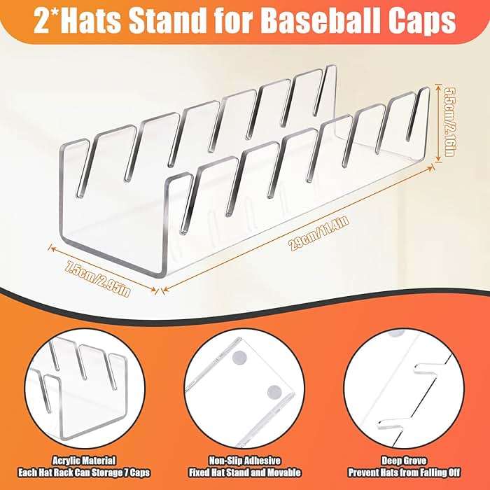 Hat Stand for Baseball Caps, 2 Pack No Install Acrylic Hat Organizer for 14 Baseball Caps Storage Organizer, Hat Racks Hat Holder Display and Organization for Closet, Bedroom, Dresser (Clear-2Pack) - Image 2