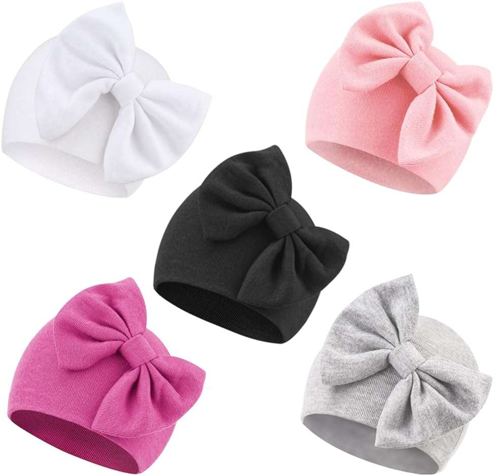 AQOKKA Newborn Baby Girl Hats with Bow Cotton Toddler Infant Beanie Cap Newborn Hospital Hats for Baby Girl Kid 0-24 Months - Image 1