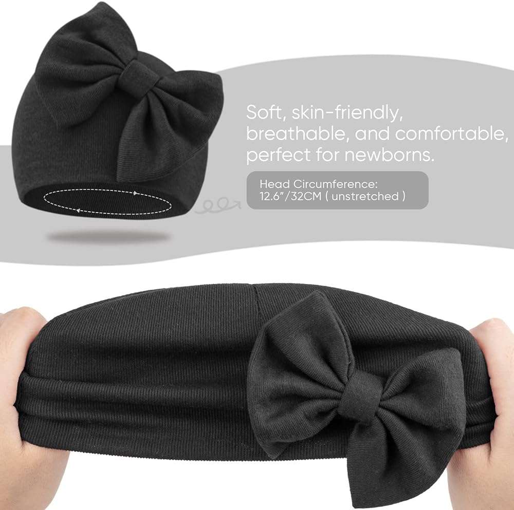 AQOKKA Newborn Baby Girl Hats with Bow Cotton Toddler Infant Beanie Cap Newborn Hospital Hats for Baby Girl Kid 0-24 Months - Image 2