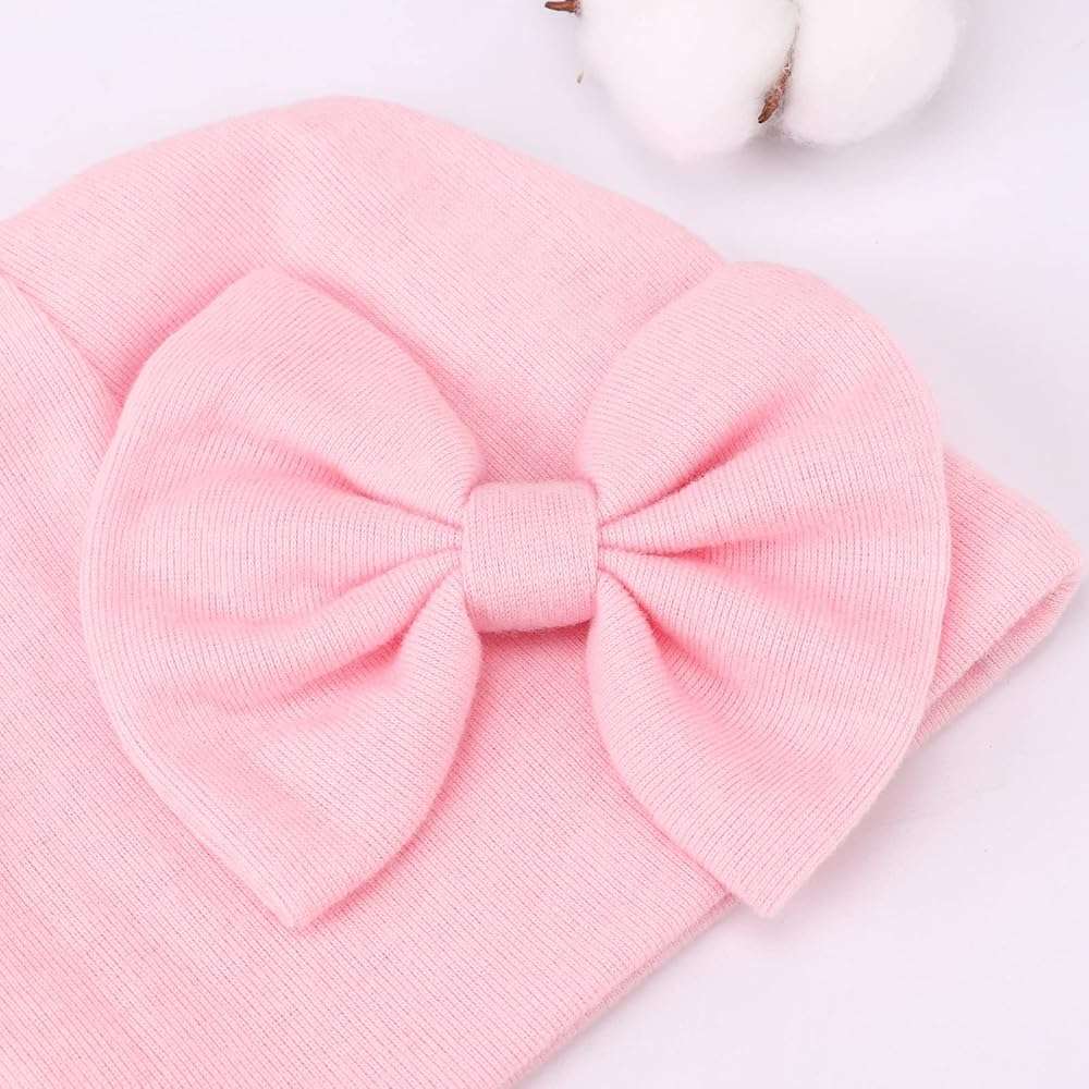 AQOKKA Newborn Baby Girl Hats with Bow Cotton Toddler Infant Beanie Cap Newborn Hospital Hats for Baby Girl Kid 0-24 Months - Image 5