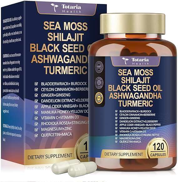25-in-1 Sea Moss Black Seed Oil Ashwagandha Ginger Shilajit Supplement, Sea Moss Capsules Pro with Bladder Burdock Ceylon Cinnamon Berberine ACV Manuka VIT C & D3 for Men Women, 120 Vegan Caps - Image 1