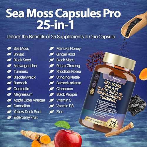 25-in-1 Sea Moss Black Seed Oil Ashwagandha Ginger Shilajit Supplement, Sea Moss Capsules Pro with Bladder Burdock Ceylon Cinnamon Berberine ACV Manuka VIT C & D3 for Men Women, 120 Vegan Caps - Image 2
