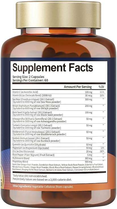 25-in-1 Sea Moss Black Seed Oil Ashwagandha Ginger Shilajit Supplement, Sea Moss Capsules Pro with Bladder Burdock Ceylon Cinnamon Berberine ACV Manuka VIT C & D3 for Men Women, 120 Vegan Caps - Image 8