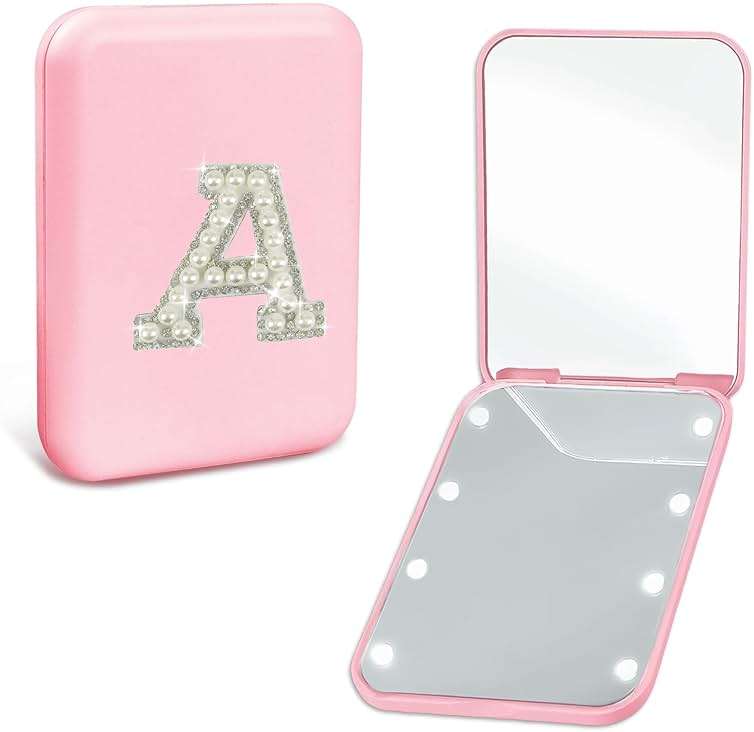Aganmi Preppy Stuff Pearl Initial Travel Compact Mirror with Lights, Personalized 1X/2X Magnification Mini LED Pocket Makeup Mirror for Purse Trendy Gift Stocking Stuffers for Women Teen Girls (A) - Image 1