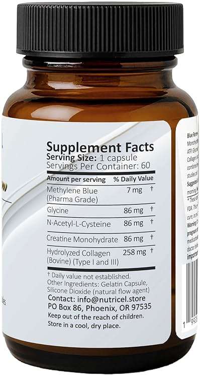 Nutricel Supplements Methylene Blue Capsules with Added Glycine + NAC (GlyNAC), Collagen, and Creatine - Trusted Made in America - 7mg (USP Grade) - Third Party Tested (60ct) - Image 3