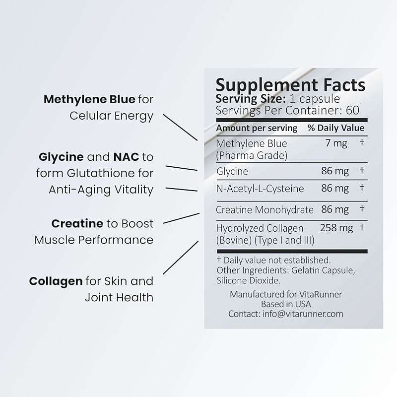 Nutricel Supplements Methylene Blue Capsules with Added Glycine + NAC (GlyNAC), Collagen, and Creatine - Trusted Made in America - 7mg (USP Grade) - Third Party Tested (60ct) - Image 9