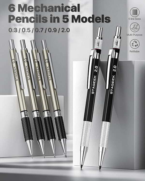 STAGEEK Mechanical Pencil Set with Case 37 Count, Drawing Pencils 0.3, 0.5, 0.7, 0.9MM & 2PCS 2MM Sketching Pencils with 492PCS Lead Refills (6B 4B 2B HB 2H 4H Color) for Artist Drafting Drawing - Image 2