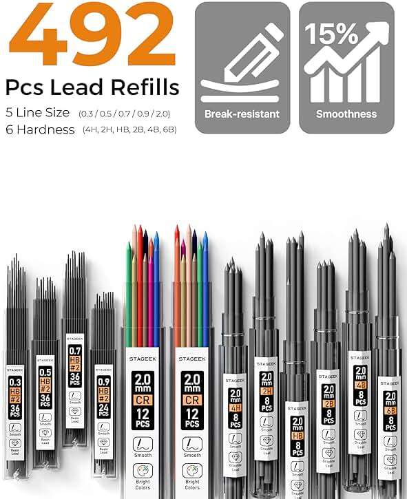 STAGEEK Mechanical Pencil Set with Case 37 Count, Drawing Pencils 0.3, 0.5, 0.7, 0.9MM & 2PCS 2MM Sketching Pencils with 492PCS Lead Refills (6B 4B 2B HB 2H 4H Color) for Artist Drafting Drawing - Image 3
