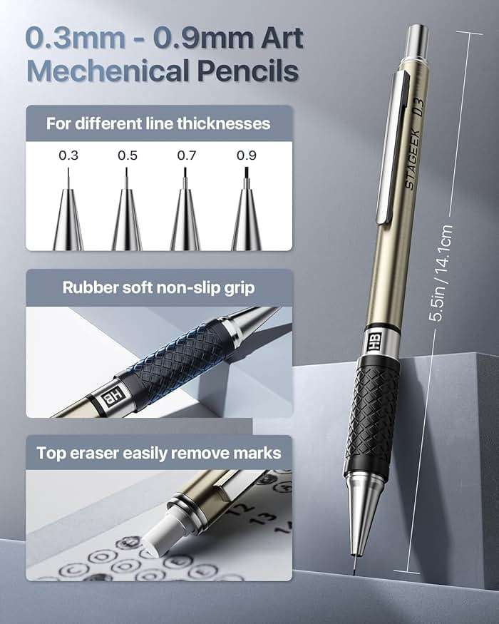 STAGEEK Mechanical Pencil Set with Case 37 Count, Drawing Pencils 0.3, 0.5, 0.7, 0.9MM & 2PCS 2MM Sketching Pencils with 492PCS Lead Refills (6B 4B 2B HB 2H 4H Color) for Artist Drafting Drawing - Image 4